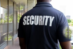 A security guard is patrolling an office building